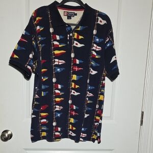 Vintage Chaps Ralp Lauren Navy Polo with Multicolor Nautical Flag Print Size XL